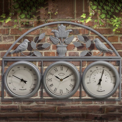 Garden Gear Wyegate Clock Company Decorative Large Garden Clock Outdoor Weather Station Thermometer Hygrometer (Large, Grey) - image 1
