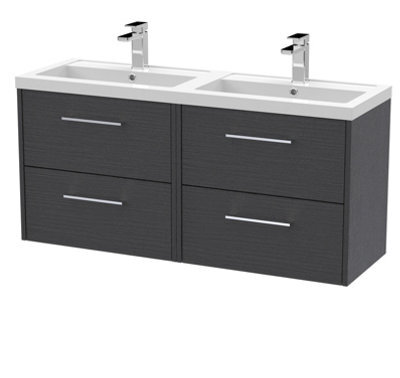Hudson Reed Juno Wall Hung 4 Soft Close Drawer Vanity Unit With Double Polymarble Basin In Graphite Grey Woodgrain Finish, 1205mm - image 1