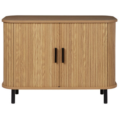 Wyld And Coco Luxoside Retro Sideboard With Sliding Doors, Light Brown Oak Effect, Black Legs, Compact W80 X D40 X H60Cm - image 1