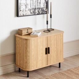 Wyld And Coco Luxoside Retro Sideboard With Sliding Doors, Light Brown Oak Effect, Black Legs, Compact W80 X D40 X H60Cm - thumbnail 2