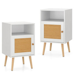 Costway 2Pcs Rattan Nightstand Bedside Table Pe Rattan Decorated Door-White - thumbnail 1