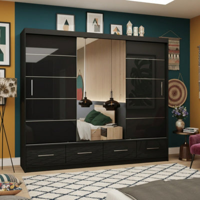 Florence 250 Sliding Wardrobe With Full Length Mirror Modern Freestanding Wardrobe For Home Black Semi Gloss With Mirror - image 1