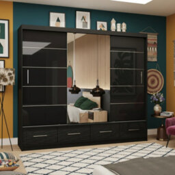 Florence 250 Sliding Wardrobe With Full Length Mirror Modern Freestanding Wardrobe For Home Black Semi Gloss With Mirror - thumbnail 1