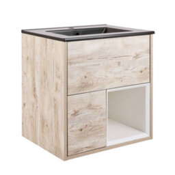 Homestylestore Light Oak 612mm Wall Hung Bathroom Vanity Unit Open Shelf And Graphite Basin