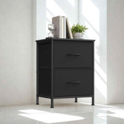 Modern Bedside Table With 2 Drawers, Steel Side Table For Bedroom Storage, Ink Black And Ebony Black
