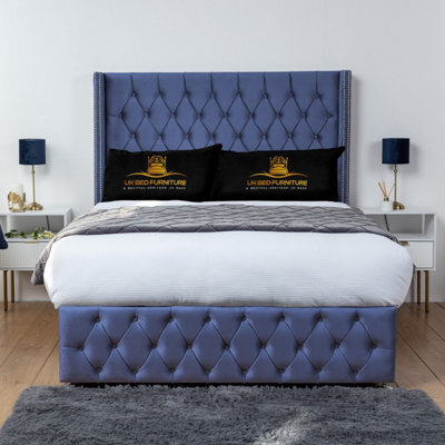 UKBEDFURNITURE Jasmine Blue Plush Wingback Divan Bed Base With 54 Inch Headboard & 10 Inch Orthopaedic Mattress - No Storage - image 1