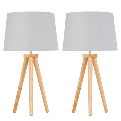 First Choice Lighting Set Of 2 Light Oak Table Lamp Bedside Lights With White Silver Shade - image 1