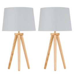 First Choice Lighting Set Of 2 Light Oak Table Lamp Bedside Lights With White Silver Shade
