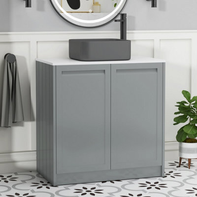 Royal Bathrooms Royal Bathroom Elmore 800mm Matt Pebble Grey Freestanding Bathroom Vanity Unit 2 Door Plain White Worktop With Art Square Basin - image 1