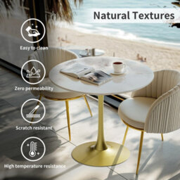 Fativo 76X78.5Cm Large Round Sintered Stone Marble Dining Table Tulip Table Breakfast Gold Leg Base Support W/ Gray Pattern - thumbnail 4
