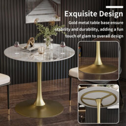 Fativo 76X78.5Cm Large Round Sintered Stone Marble Dining Table Tulip Table Breakfast Gold Leg Base Support W/ Gray Pattern - thumbnail 3