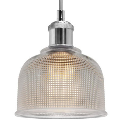 Long Life Lamps Company Vintage Chrome Pendant Light Shade Pressed Pattern Glass Bowl M0087 - image 1