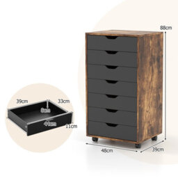 Gainoom 7-Drawer Brown Storage Cabinet Mobile File Organizer Wooden Vertical Filing Dresser Chest On Lockable Wheels - thumbnail 2