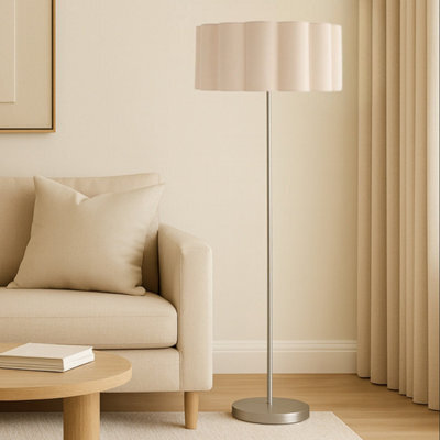 CGC Lighting Cgc Lena Brushed Nickel Straight Floor Lamp With Large Cream Scalloped Lampshade - image 1