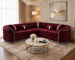 Stratus Interiors Ambassador Sofa Chesterfield Toronto Metal Trim Fabric - Frills - Corner L - Shape Sofa - Silver Trim - Burgundy Plush