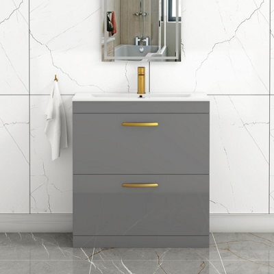 Royal Bathrooms Turin Indigo Grey Gloss 800mm Floor Standing Vanity Unit 2 Drawer With Minimalist Basin Sink & Brushed Brass Handles - image 1