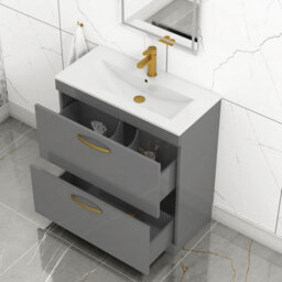 Royal Bathrooms Turin Indigo Grey Gloss 800mm Floor Standing Vanity Unit 2 Drawer With Minimalist Basin Sink & Brushed Brass Handles - thumbnail 3