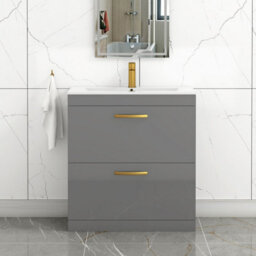 Royal Bathrooms Turin Indigo Grey Gloss 800mm Floor Standing Vanity Unit 2 Drawer With Minimalist Basin Sink & Brushed Brass Handles