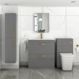Royal Bathrooms Turin Indigo Grey Gloss 800mm Floor Standing Vanity Unit 2 Drawer With Minimalist Basin Sink & Brushed Brass Handles - thumbnail 4