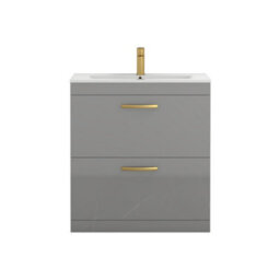 Royal Bathrooms Turin Indigo Grey Gloss 800mm Floor Standing Vanity Unit 2 Drawer With Minimalist Basin Sink & Brushed Brass Handles - thumbnail 6