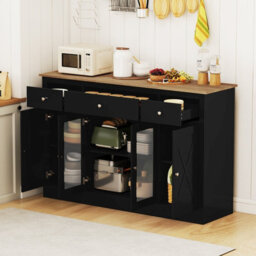 Gainoom 55Inch Black Large Buffet Sideboard Kitchen Storage Cabinet W/ 3 Drawers - thumbnail 3