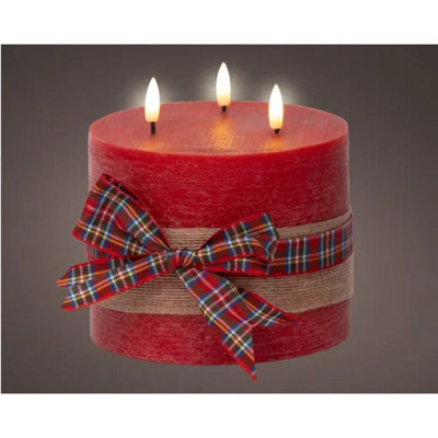 Kaemingk Led 3 Wick Candle Wax Check Bow Decoration Steady Light Indoor Decoration Red & Warm White - D.15Cm H.15Cm - image 1