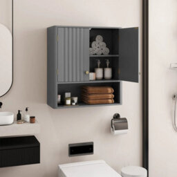 Fluted Bathroom Wall Cabinet Modern Double Door Medicine Cabinet-Grey - thumbnail 4