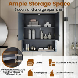 Fluted Bathroom Wall Cabinet Modern Double Door Medicine Cabinet-Grey - thumbnail 6
