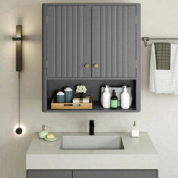 Fluted Bathroom Wall Cabinet Modern Double Door Medicine Cabinet-Grey - thumbnail 3
