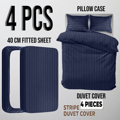 Ameha Navy Blue Striped Microfibre Bedding Set Super King, Reversible & Breathable Duvet Cover, Fitted Sheet & Pillowcases - image 1