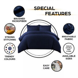 Ameha Navy Blue Striped Microfibre Bedding Set Super King, Reversible & Breathable Duvet Cover, Fitted Sheet & Pillowcases - thumbnail 2