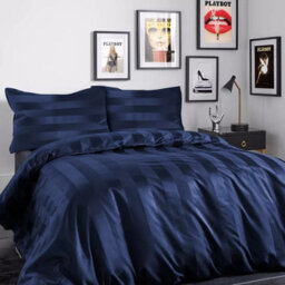 Ameha Navy Blue Striped Microfibre Bedding Set Super King, Reversible & Breathable Duvet Cover, Fitted Sheet & Pillowcases - thumbnail 5
