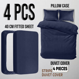 Ameha Navy Blue Striped Microfibre Bedding Set Super King, Reversible & Breathable Duvet Cover, Fitted Sheet & Pillowcases - thumbnail 1