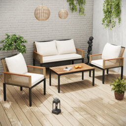 Matteo 4-Seater Rattan Garden Lounge Set With Double Sofa, 2 Armchairs & Acacia Table - Beige, Comfortable Cushions Included - thumbnail 1