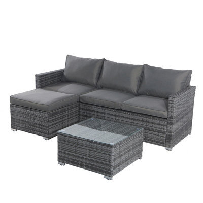Outdoor Rattan Corner Sofa, 3 Piece L-Shaped Rattan Garden Furniture Lounge Set With Glass Table, Soft Cushion - Gray - image 1