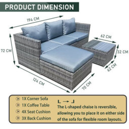 Outdoor Rattan Corner Sofa, 3 Piece L-Shaped Rattan Garden Furniture Lounge Set With Glass Table, Soft Cushion - Gray - thumbnail 6