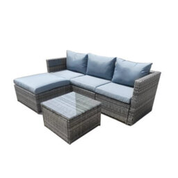Outdoor Rattan Corner Sofa, 3 Piece L-Shaped Rattan Garden Furniture Lounge Set With Glass Table, Soft Cushion - Gray - thumbnail 4