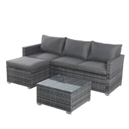 Outdoor Rattan Corner Sofa, 3 Piece L-Shaped Rattan Garden Furniture Lounge Set With Glass Table, Soft Cushion - Gray - thumbnail 1