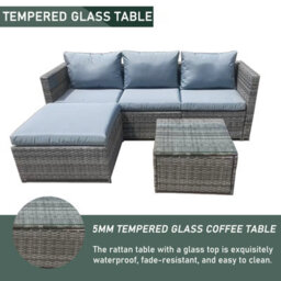 Outdoor Rattan Corner Sofa, 3 Piece L-Shaped Rattan Garden Furniture Lounge Set With Glass Table, Soft Cushion - Gray - thumbnail 2