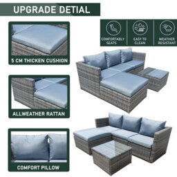 Outdoor Rattan Corner Sofa, 3 Piece L-Shaped Rattan Garden Furniture Lounge Set With Glass Table, Soft Cushion - Gray - thumbnail 3
