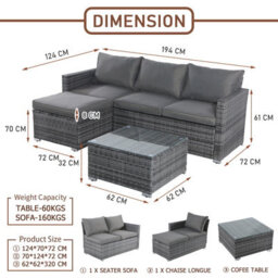 Outdoor Rattan Corner Sofa, 3 Piece L-Shaped Rattan Garden Furniture Lounge Set With Glass Table, Soft Cushion - Gray - thumbnail 9