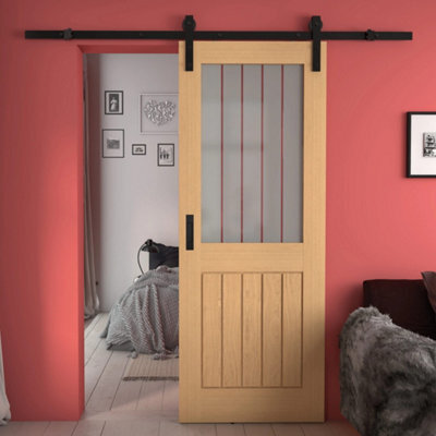 Green & Taylor Cottage Deluxe Oak Frosted Glass With Clear Lines Internal Sliding Barn Door - image 1
