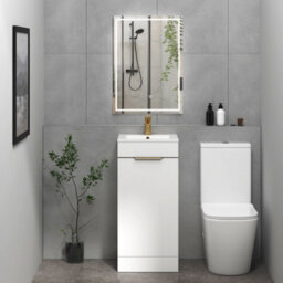 Royal Bathrooms Royal Bathroom Turin 400mm Floor Standing Cloakroom Vanity Unit Ceramic Basin Sink 1 Door Gloss White With Brushed Brass Handle - thumbnail 4