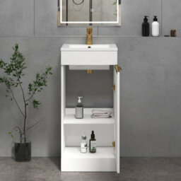 Royal Bathrooms Royal Bathroom Turin 400mm Floor Standing Cloakroom Vanity Unit Ceramic Basin Sink 1 Door Gloss White With Brushed Brass Handle - thumbnail 5