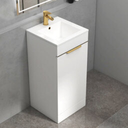 Royal Bathrooms Royal Bathroom Turin 400mm Floor Standing Cloakroom Vanity Unit Ceramic Basin Sink 1 Door Gloss White With Brushed Brass Handle - thumbnail 6