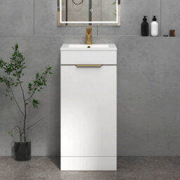 Royal Bathrooms Royal Bathroom Turin 400mm Floor Standing Cloakroom Vanity Unit Ceramic Basin Sink 1 Door Gloss White With Brushed Brass Handle - thumbnail 1