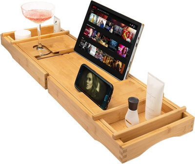 Simpa 100% Natural Bamboo Bath Tub Multifunction Extendable Caddy Tray