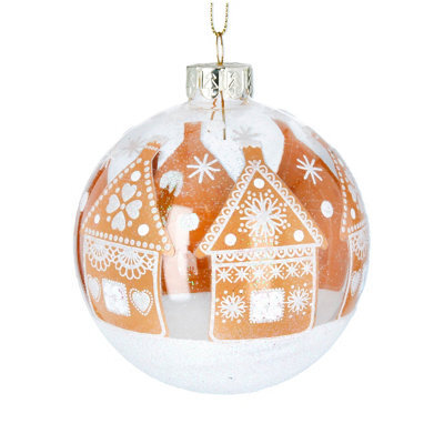 Gisela Graham Christmas Snowy Gingerbread Glass Bauble, Medium Round Glass Tree Decoration 10 X 8 X 8 Cm