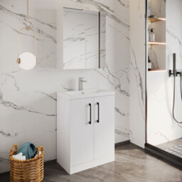 Balterley Bramshall Compact Bathroom Cloakroom Vanity Basin Unit With Polymarble Basin, Black Handles, 600mm, Gloss White - thumbnail 3