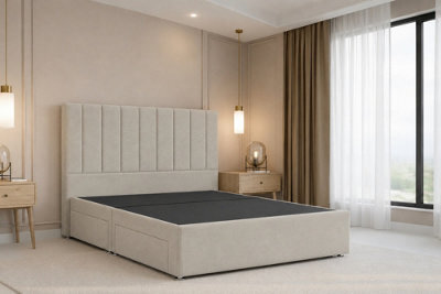 "Nexus Kyoto Cream Plush Divan Bed Base No Drawers With 54"" Floor Standing Headboard 4'6 Double" - image 1